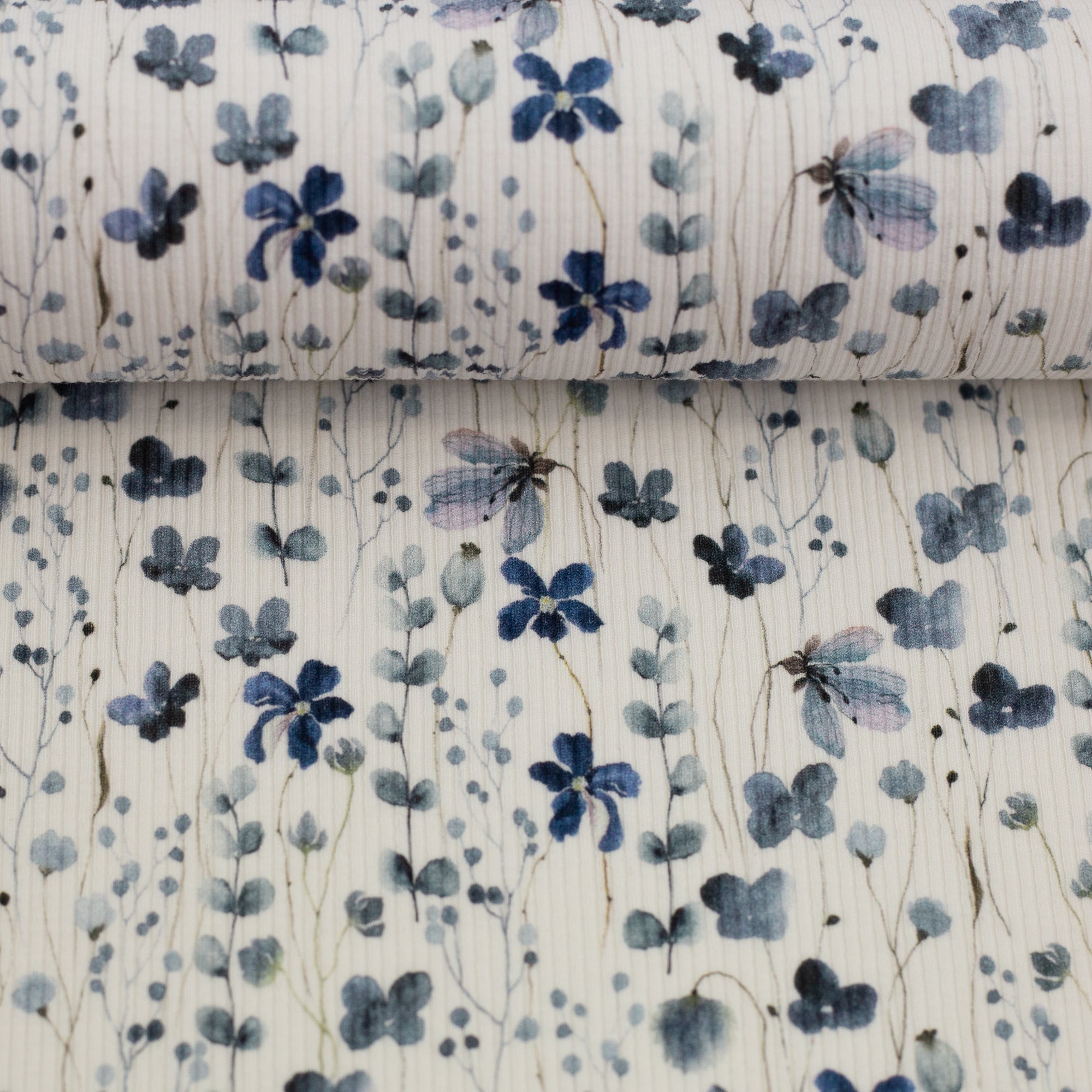 Rippjersey Mia Blumen Aquarell blau