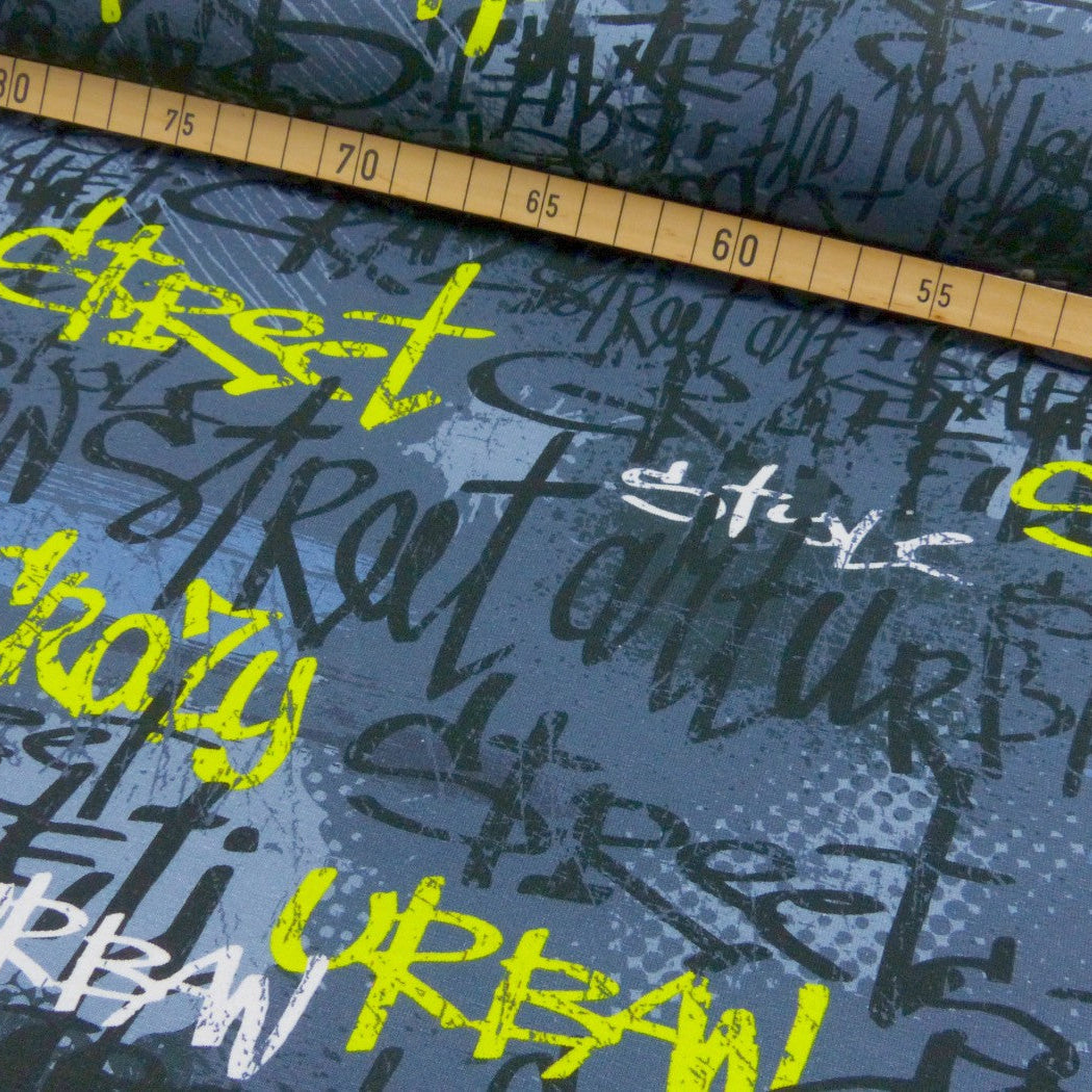 Jersey Stoff Meterware Grafitti grau schwarz Lime