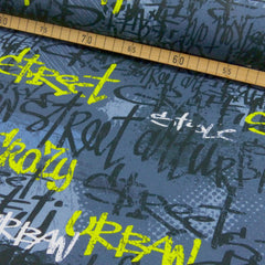 Jersey Stoff Meterware Grafitti grau schwarz Lime