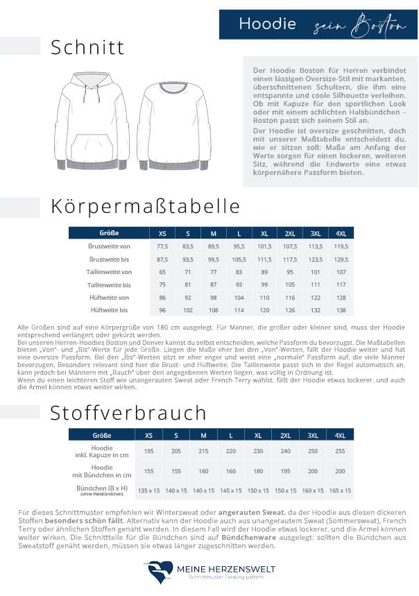 Schnittmuster Hoodie Boston Männer meine Herzenswelt