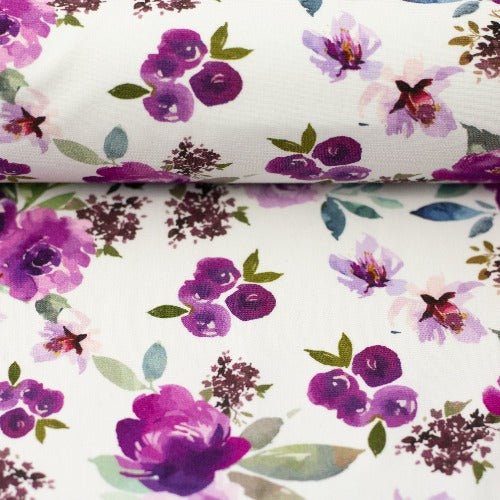 Baumwolljersey lila Blüten - Aron Swafing - Stoffmeisterei