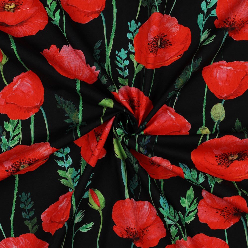 Baumwollpopeline fein Mohnblumen schwarz - Stoffmeisterei