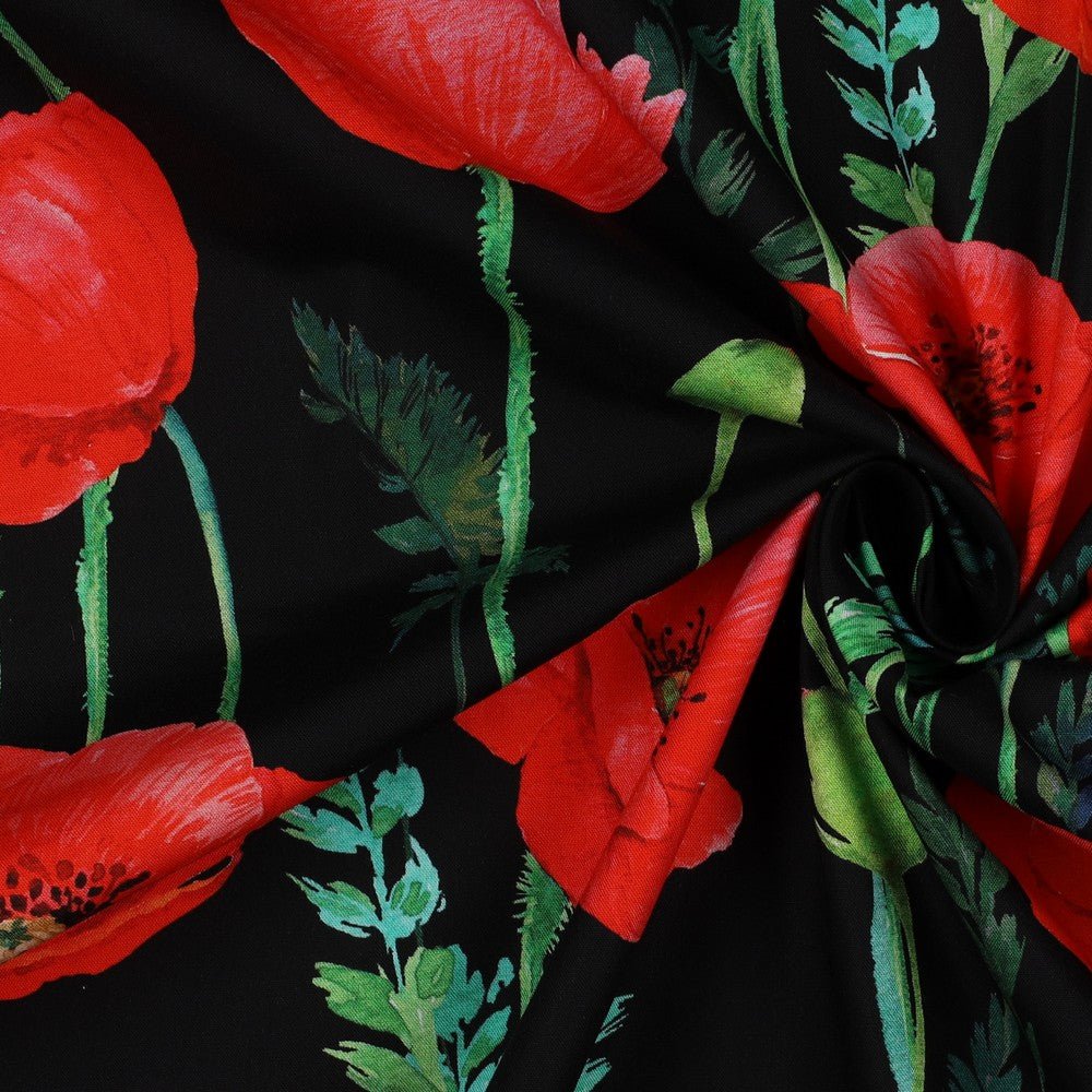 Baumwollpopeline fein Mohnblumen schwarz - Stoffmeisterei