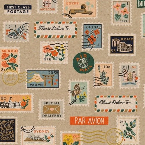 Cotton and Steel - Canvas Bon Voyage - Postage Stamps - Natural Unbleached Metallic - Rifle Paper co. - Stoffmeisterei