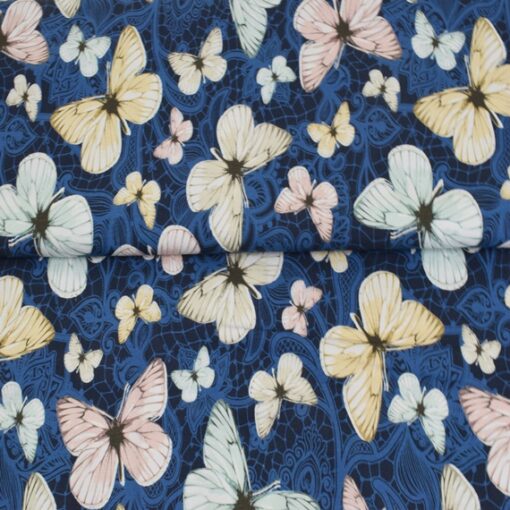 Baumwolljersey Schmetterlinge Ornamente blau