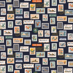 Cotton and Steel - Baumwollwebware - Bon Voyage - Postage Stamps - Navy metallic fabric - Rifle Paper co.